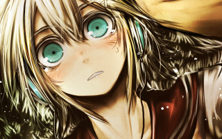 Blue eyes blonde hair girl - a brown shirt free wallpaper