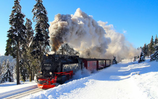 Train snow trees hill steam - a train free wallpaper