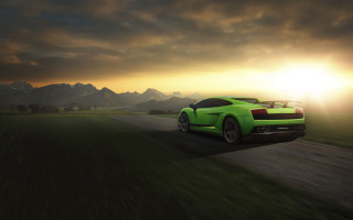 Green sports car sunset mountains - a green sports car free wallpaper