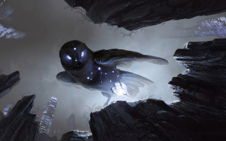 Bird flying cloudy sky city - fantasy concept art free wallpaper