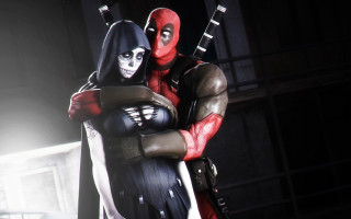 Deadpool hug dark room window - a window behind them free wallpaper