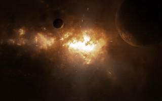 Bright sun two planets black - a black sky free wallpaper