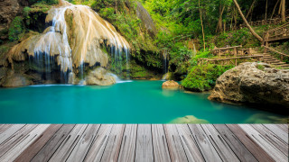 Wooden deck waterfall blue pool - a wooden deck free wallpaper