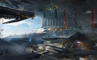 Futuristic space station mountain people - free sci-fi wallpaper