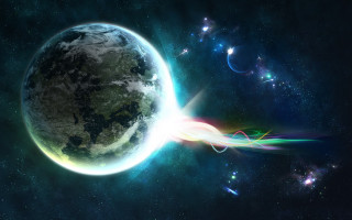 Space planet starburst light aurora - a space scene free wallpaper for desktop