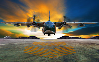 Desert mountains plane sunset explosion - path free wallpaper