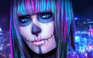 Girl blue pink hair skull - android jones free wallpaper