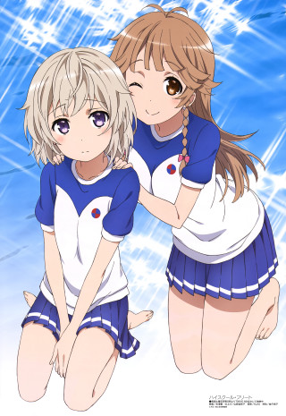 Anime girls hugging blue background 4 - snow flake free wallpaper