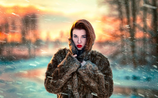 Woman fur coat snow red - a red lipstick free wallpaper