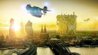 Futuristic city airplane bridge sunset - a futuristic city in the background free wallpaper