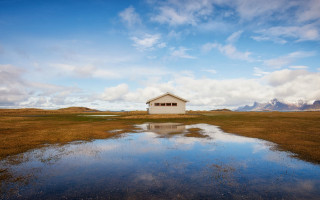 Small house lake mountains ecological - top of a grass free wallpaper