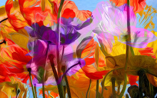 Impressionist flower field blue sky - a painting of flowers free wallpaper