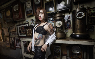 Tattoo woman clock room steampunk - the wall and a clock free wallpaper