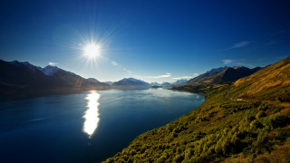 Lake mountains sunlight reflection scenery - bottom free wallpaper