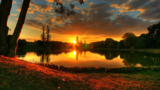Sunset lake forest church autumn - orange sun free wallpaper