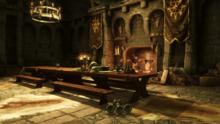 Stone archway fireplace room table - unreal engine free wallpaper for desktop