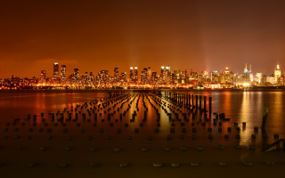 City skyline night reflection pier - ashcan school free wallpaper for desktop
