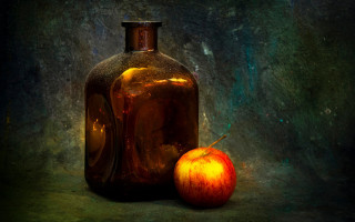 Bottle apple stilllife green dark - caravaggio free wallpaper