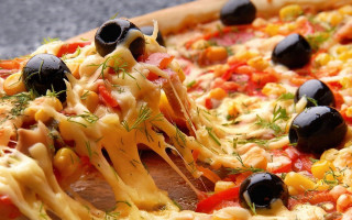 Pizza olives tomatoes cheese fork - and cheese free wallpaper