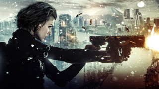 Woman gun snowy cityscape neo - overhead in the background free wallpaper