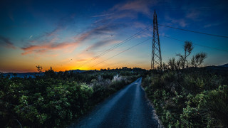 Sunset road powerlines trees mountain - cable wire free wallpaper