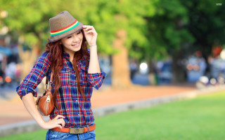 Woman plaid shirt hat pose - fashion free wallpaper