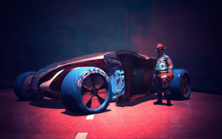 Man blue car red light - syd mead. free wallpaper