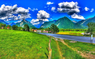Scenic road mountains blue sky 3 - scenic free wallpaper