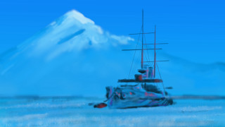 Boat mountain water clouds blue - a painting of a boat free wallpaper