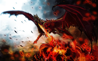 Red dragon flying fire flames - a red dragon free wallpaper