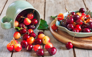 Bowl cherries wooden table green - the table next free wallpaper