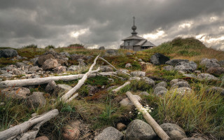 Small church hill rocks grass - fallen free wallpaper