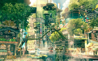 City buildings trees background digital - solarpunk free wallpaper