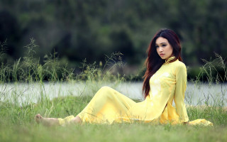 Woman yellow dress field smiling - a field of grass free wallpaper