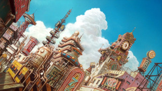 City clock tower painting sky 2 - a painting of a city free wallpaper