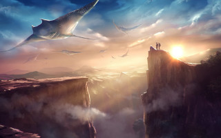 Cliff dinosaur sky woman matte - clint cearley free wallpaper