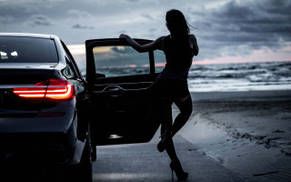 Woman out car beach night - luxury free wallpaper for desktop