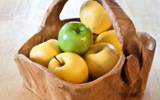 Wooden basket apples wooden table - apple free wallpaper