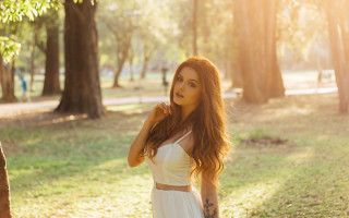 Red haired woman park white - long red hair free wallpaper