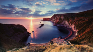 Sunset lake cliff lighthouse rocks - the edge free wallpaper