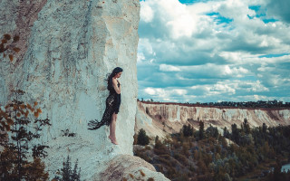 Woman rock ledge mountains sky - elinor proby adams free wallpaper for desktop