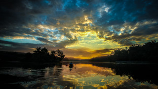 Sunset boat water clouds trees - a few tree free wallpaper