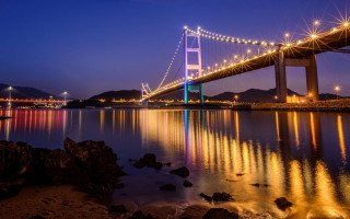 Night bridge city mountains fireworks - a mountain in the background free wallpaper