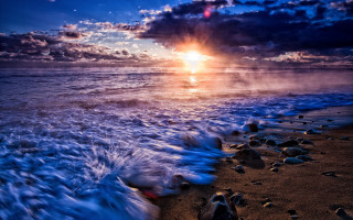 Beach waves sunset clouds matte 2 - wave free wallpaper