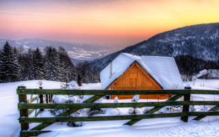 Snowy mountain cabin sunset forest - the mountain free wallpaper