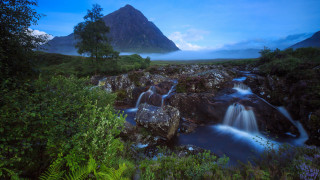 Waterfall green hillside blue sky - david paton free wallpaper