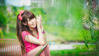 Pink shirt girl smiling green - impressionism free wallpaper