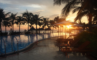 Sunset pool palm trees lounge - a large swimming pool free wallpaper
