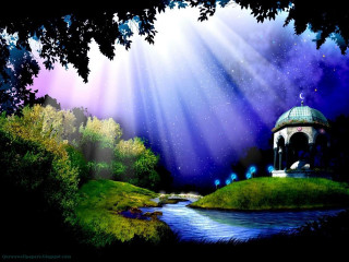 Gazebo park stream stars night - magical atmosphere free wallpaper