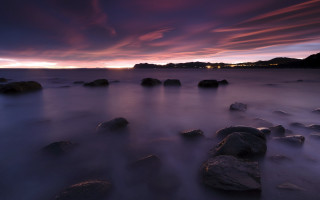 Sunset mountain river water rocks - rich moody colours free wallpaper